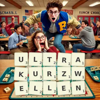 Kreative Illustration für ein Scrabble-Spiel, bei dem das Wort ULTRAKURZWELLEN mit Steinen auf dem Brett gelegt wurde.