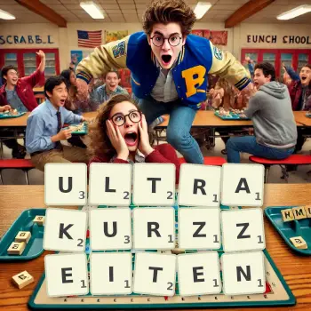 Kreative Illustration für ein Scrabble-Spiel, bei dem das Wort ULTRAKURZZEITEN mit Steinen auf dem Brett gelegt wurde.