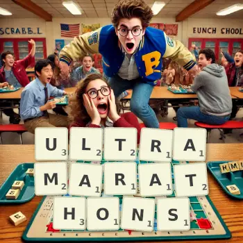 Kreative Illustration für ein Scrabble-Spiel, bei dem das Wort ULTRAMARATHONS mit Steinen auf dem Brett gelegt wurde.