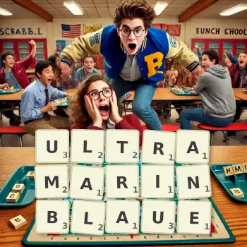 Kreative Illustration für ein Scrabble-Spiel, bei dem das Wort ULTRAMARINBLAUE mit Steinen auf dem Brett gelegt wurde.