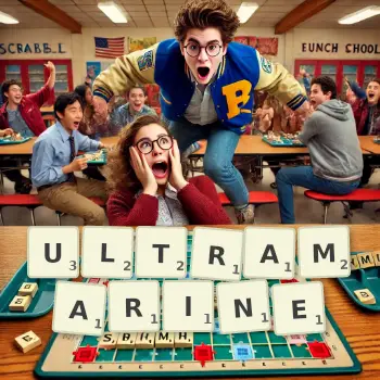 Kreative Illustration für ein Scrabble-Spiel, bei dem das Wort ULTRAMARINE mit Steinen auf dem Brett gelegt wurde.