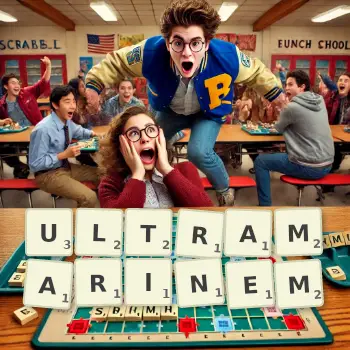 Kreative Illustration für ein Scrabble-Spiel, bei dem das Wort ULTRAMARINEM mit Steinen auf dem Brett gelegt wurde.