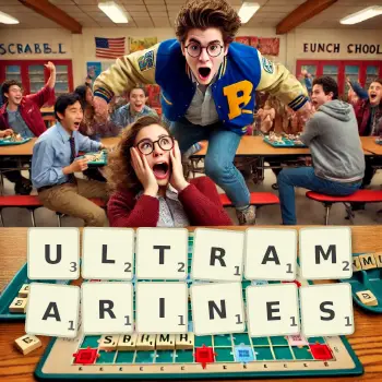 Kreative Illustration für ein Scrabble-Spiel, bei dem das Wort ULTRAMARINES mit Steinen auf dem Brett gelegt wurde.