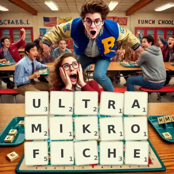 Kreative Illustration für ein Scrabble-Spiel, bei dem das Wort ULTRAMIKROFICHE mit Steinen auf dem Brett gelegt wurde.