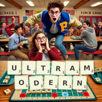 Kreative Illustration für ein Scrabble-Spiel, bei dem das Wort ULTRAMODERN mit Steinen auf dem Brett gelegt wurde.