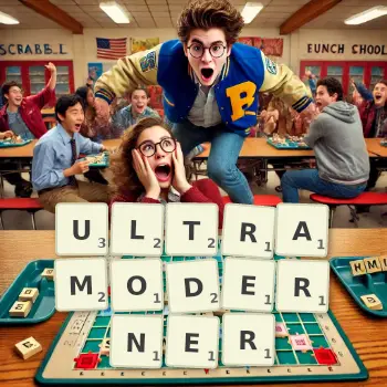 Kreative Illustration für ein Scrabble-Spiel, bei dem das Wort ULTRAMODERNER mit Steinen auf dem Brett gelegt wurde.