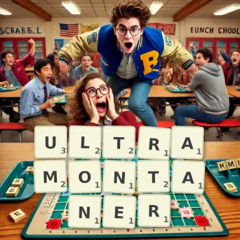Kreative Illustration für ein Scrabble-Spiel, bei dem das Wort ULTRAMONTANER mit Steinen auf dem Brett gelegt wurde.