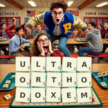 Kreative Illustration für ein Scrabble-Spiel, bei dem das Wort ULTRAORTHODOXEM mit Steinen auf dem Brett gelegt wurde.