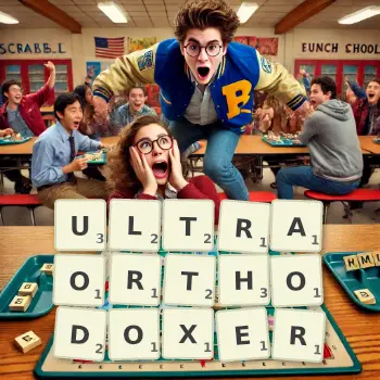 Kreative Illustration für ein Scrabble-Spiel, bei dem das Wort ULTRAORTHODOXER mit Steinen auf dem Brett gelegt wurde.