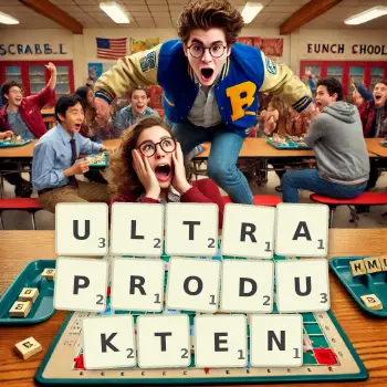Kreative Illustration für ein Scrabble-Spiel, bei dem das Wort ULTRAPRODUKTEN mit Steinen auf dem Brett gelegt wurde.