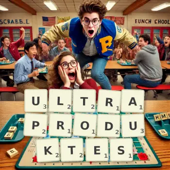 Kreative Illustration für ein Scrabble-Spiel, bei dem das Wort ULTRAPRODUKTES mit Steinen auf dem Brett gelegt wurde.