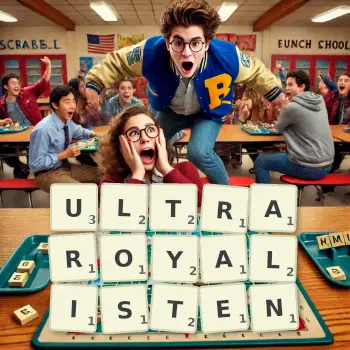 Kreative Illustration für ein Scrabble-Spiel, bei dem das Wort ULTRAROYALISTEN mit Steinen auf dem Brett gelegt wurde.