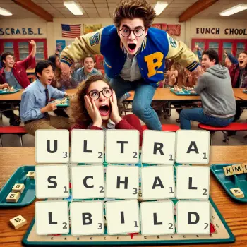 Kreative Illustration für ein Scrabble-Spiel, bei dem das Wort ULTRASCHALLBILD mit Steinen auf dem Brett gelegt wurde.