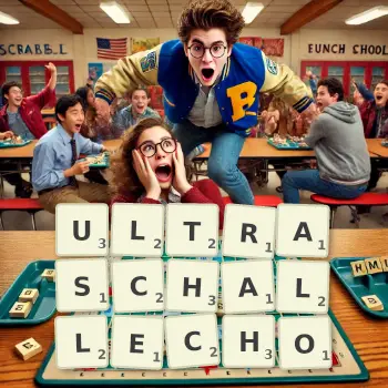 Kreative Illustration für ein Scrabble-Spiel, bei dem das Wort ULTRASCHALLECHO mit Steinen auf dem Brett gelegt wurde.