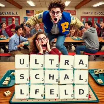 Kreative Illustration für ein Scrabble-Spiel, bei dem das Wort ULTRASCHALLFELD mit Steinen auf dem Brett gelegt wurde.