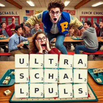 Kreative Illustration für ein Scrabble-Spiel, bei dem das Wort ULTRASCHALLPULS mit Steinen auf dem Brett gelegt wurde.