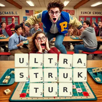 Kreative Illustration für ein Scrabble-Spiel, bei dem das Wort ULTRASTRUKTUR mit Steinen auf dem Brett gelegt wurde.