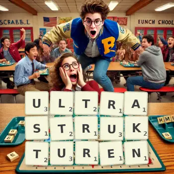 Kreative Illustration für ein Scrabble-Spiel, bei dem das Wort ULTRASTRUKTUREN mit Steinen auf dem Brett gelegt wurde.