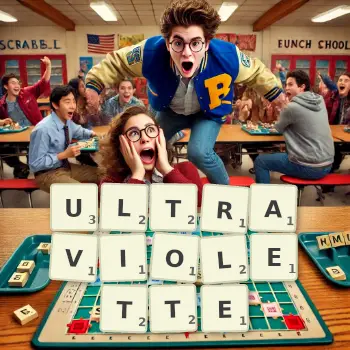 Kreative Illustration für ein Scrabble-Spiel, bei dem das Wort ULTRAVIOLETTE mit Steinen auf dem Brett gelegt wurde.