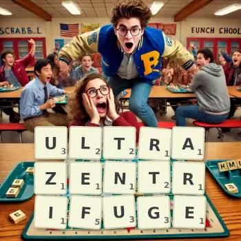 Kreative Illustration für ein Scrabble-Spiel, bei dem das Wort ULTRAZENTRIFUGE mit Steinen auf dem Brett gelegt wurde.