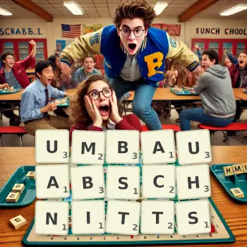 Kreative Illustration für ein Scrabble-Spiel, bei dem das Wort UMBAUABSCHNITTS mit Steinen auf dem Brett gelegt wurde.