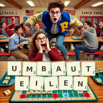 Kreative Illustration für ein Scrabble-Spiel, bei dem das Wort UMBAUTEILEN mit Steinen auf dem Brett gelegt wurde.