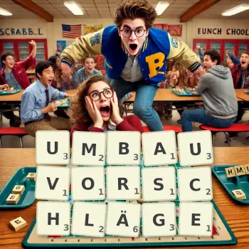 Kreative Illustration für ein Scrabble-Spiel, bei dem das Wort UMBAUVORSCHLÄGE mit Steinen auf dem Brett gelegt wurde.