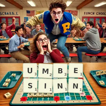 Kreative Illustration für ein Scrabble-Spiel, bei dem das Wort UMBESINN mit Steinen auf dem Brett gelegt wurde.