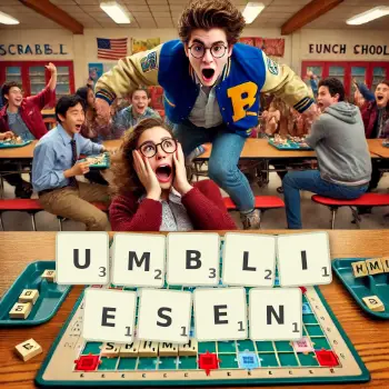 Kreative Illustration für ein Scrabble-Spiel, bei dem das Wort UMBLIESEN mit Steinen auf dem Brett gelegt wurde.