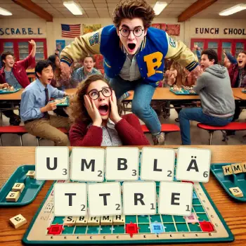 Kreative Illustration für ein Scrabble-Spiel, bei dem das Wort UMBLÄTTRE mit Steinen auf dem Brett gelegt wurde.