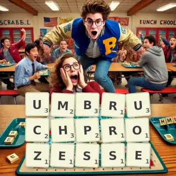 Kreative Illustration für ein Scrabble-Spiel, bei dem das Wort UMBRUCHPROZESSE mit Steinen auf dem Brett gelegt wurde.