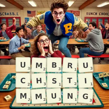 Kreative Illustration für ein Scrabble-Spiel, bei dem das Wort UMBRUCHSTIMMUNG mit Steinen auf dem Brett gelegt wurde.