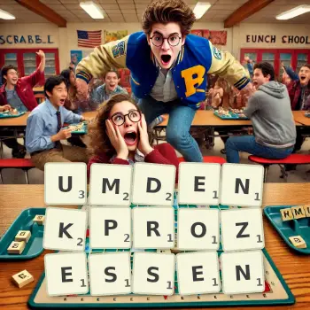 Kreative Illustration für ein Scrabble-Spiel, bei dem das Wort UMDENKPROZESSEN mit Steinen auf dem Brett gelegt wurde.