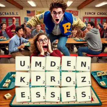 Kreative Illustration für ein Scrabble-Spiel, bei dem das Wort UMDENKPROZESSES mit Steinen auf dem Brett gelegt wurde.