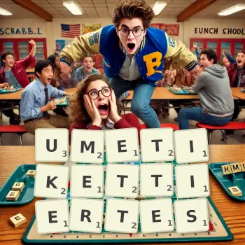 Kreative Illustration für ein Scrabble-Spiel, bei dem das Wort UMETIKETTIERTES mit Steinen auf dem Brett gelegt wurde.