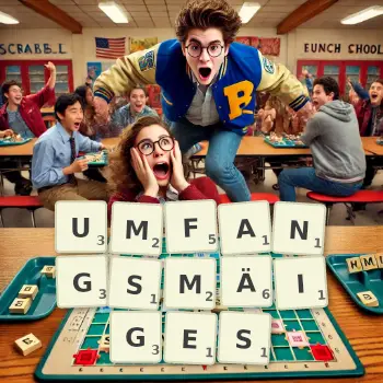 Kreative Illustration für ein Scrabble-Spiel, bei dem das Wort UMFANGSMÄIGES mit Steinen auf dem Brett gelegt wurde.