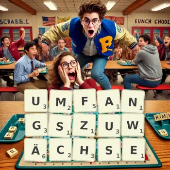 Kreative Illustration für ein Scrabble-Spiel, bei dem das Wort UMFANGSZUWÄCHSE mit Steinen auf dem Brett gelegt wurde.