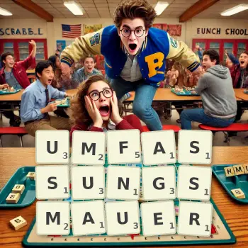 Kreative Illustration für ein Scrabble-Spiel, bei dem das Wort UMFASSUNGSMAUER mit Steinen auf dem Brett gelegt wurde.