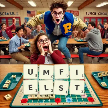 Kreative Illustration für ein Scrabble-Spiel, bei dem das Wort UMFIELST mit Steinen auf dem Brett gelegt wurde.