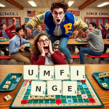 Kreative Illustration für ein Scrabble-Spiel, bei dem das Wort UMFINGE mit Steinen auf dem Brett gelegt wurde.