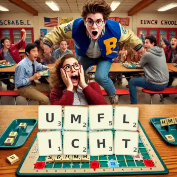 Kreative Illustration für ein Scrabble-Spiel, bei dem das Wort UMFLICHT mit Steinen auf dem Brett gelegt wurde.