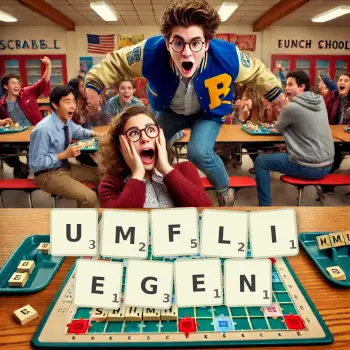 Kreative Illustration für ein Scrabble-Spiel, bei dem das Wort UMFLIEGEN mit Steinen auf dem Brett gelegt wurde.