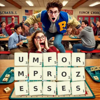 Kreative Illustration für ein Scrabble-Spiel, bei dem das Wort UMFORMPROZESSES mit Steinen auf dem Brett gelegt wurde.