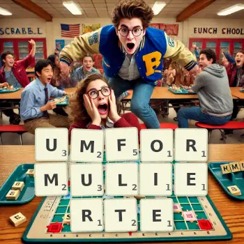 Kreative Illustration für ein Scrabble-Spiel, bei dem das Wort UMFORMULIERTE mit Steinen auf dem Brett gelegt wurde.