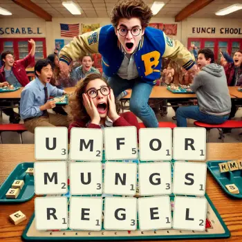 Kreative Illustration für ein Scrabble-Spiel, bei dem das Wort UMFORMUNGSREGEL mit Steinen auf dem Brett gelegt wurde.