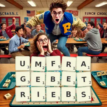 Kreative Illustration für ein Scrabble-Spiel, bei dem das Wort UMFRAGEBETRIEBS mit Steinen auf dem Brett gelegt wurde.