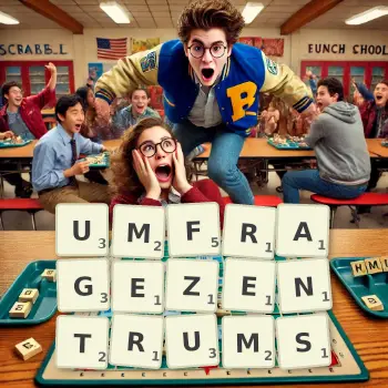 Kreative Illustration für ein Scrabble-Spiel, bei dem das Wort UMFRAGEZENTRUMS mit Steinen auf dem Brett gelegt wurde.