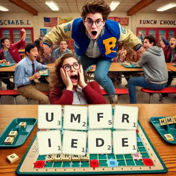 Kreative Illustration für ein Scrabble-Spiel, bei dem das Wort UMFRIEDE mit Steinen auf dem Brett gelegt wurde.