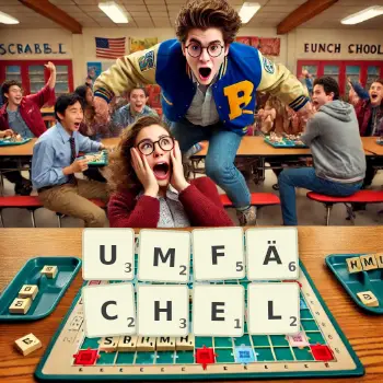 Kreative Illustration für ein Scrabble-Spiel, bei dem das Wort UMFÄCHEL mit Steinen auf dem Brett gelegt wurde.