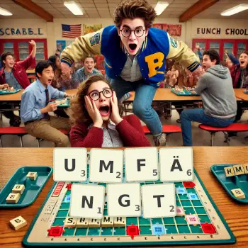 Kreative Illustration für ein Scrabble-Spiel, bei dem das Wort UMFÄNGT mit Steinen auf dem Brett gelegt wurde.